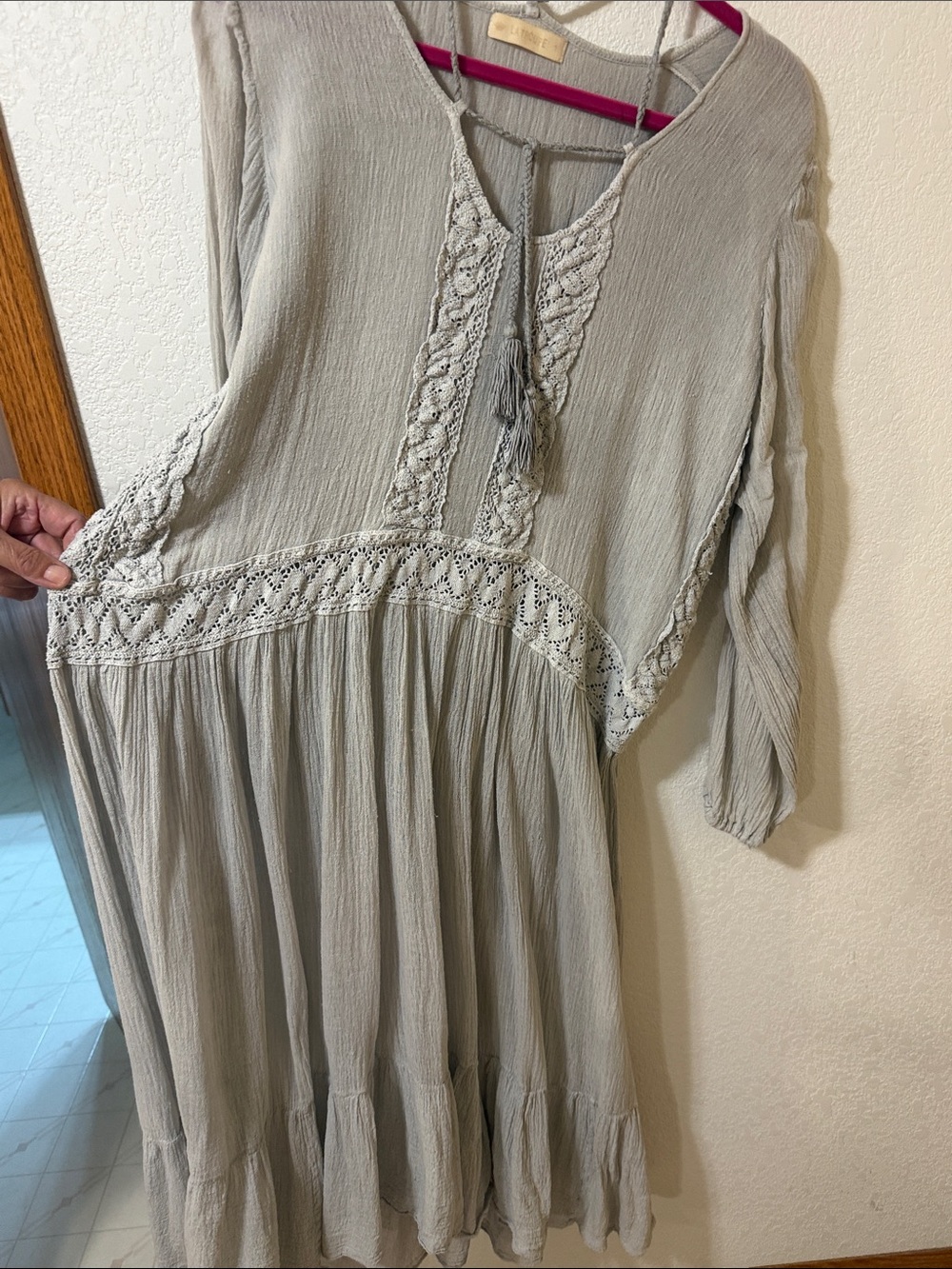 Light Sage Crochet-Trim Tiered Midi Dress